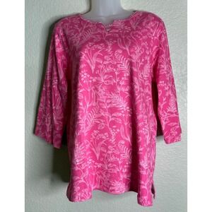 Quacker Factory Womens M Top Pink Floral Rhinestone Split Neck 3/4 Sleeve Boho